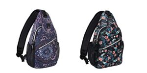 mosiso sling backpack,travel hiking daypack pattern rope crossbody shoulder bag, navy blue base totem texture&lychnis
