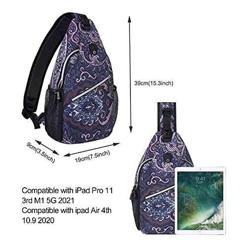 MOSISO Sling Backpack,Travel Hiking Daypack Pattern Rope Crossbody Shoulder Bag, Navy Blue Base Totem Texture&Lychnis