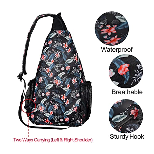 MOSISO Sling Backpack,Travel Hiking Daypack Pattern Rope Crossbody Shoulder Bag, Navy Blue Base Totem Texture&Lychnis