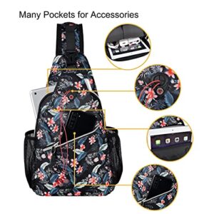 MOSISO Sling Backpack,Travel Hiking Daypack Pattern Rope Crossbody Shoulder Bag, Navy Blue Base Totem Texture&Lychnis