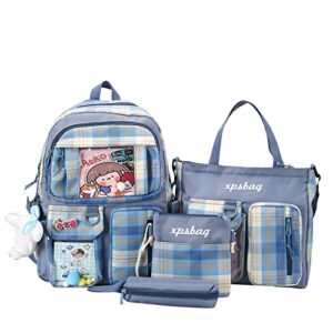 momeitu kawaii backpack with cute pins and pendants ins school plaid backpack harajuku student school bag(blue)