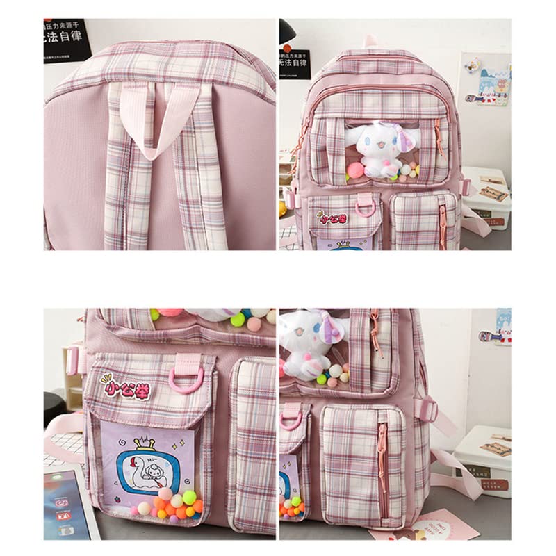 MOMEITU Kawaii Backpack with Cute pins and Pendants ins School Plaid Backpack Harajuku Student School Bag(Blue)