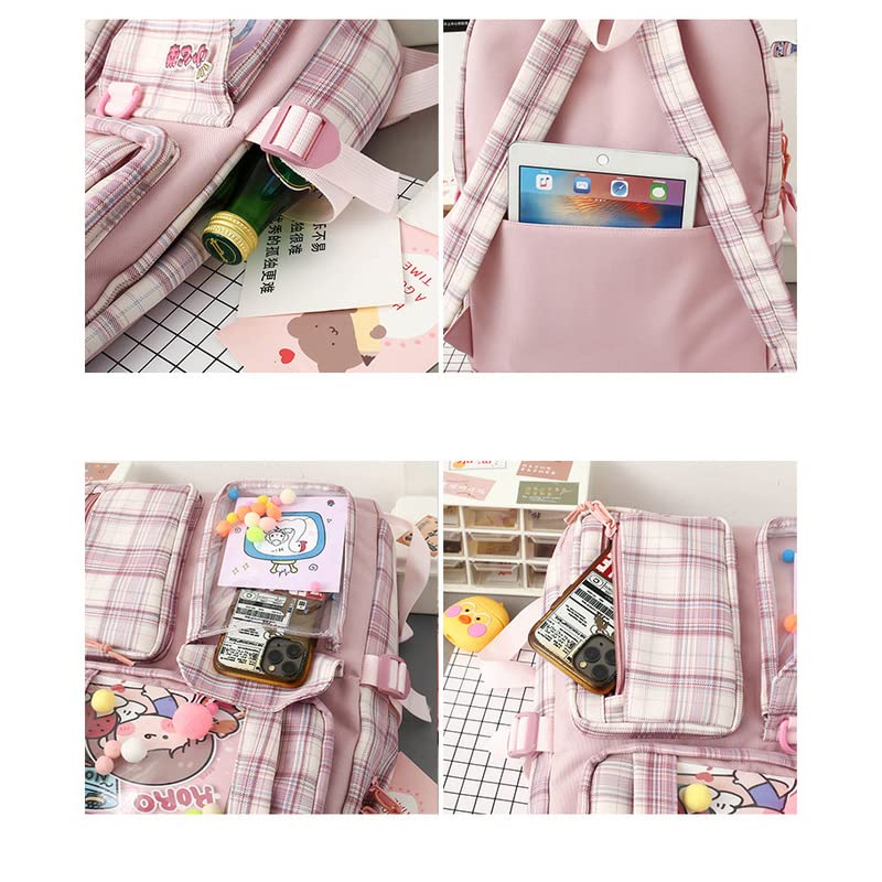 MOMEITU Kawaii Backpack with Cute pins and Pendants ins School Plaid Backpack Harajuku Student School Bag(Blue)