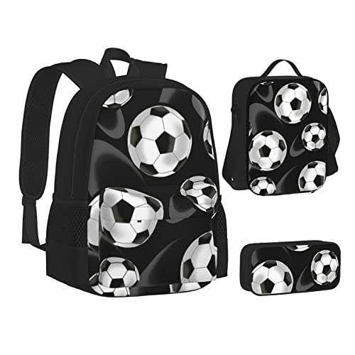 ASEELO Soccer Black Three Piece Schoolbag Backpack Set With Lunch Bag Pen Bag 15 Inch Laptop Backpack Schoolbag