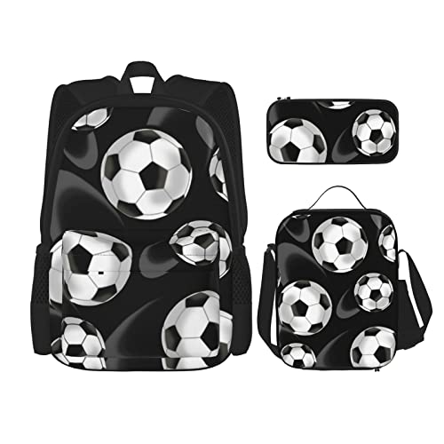 ASEELO Soccer Black Three Piece Schoolbag Backpack Set With Lunch Bag Pen Bag 15 Inch Laptop Backpack Schoolbag