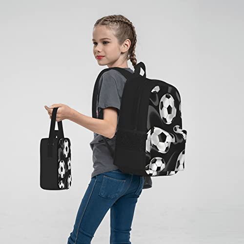 ASEELO Soccer Black Three Piece Schoolbag Backpack Set With Lunch Bag Pen Bag 15 Inch Laptop Backpack Schoolbag