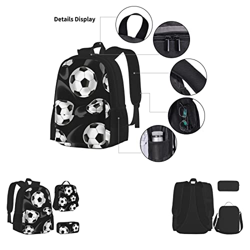 ASEELO Soccer Black Three Piece Schoolbag Backpack Set With Lunch Bag Pen Bag 15 Inch Laptop Backpack Schoolbag