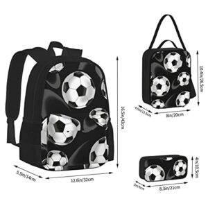 ASEELO Soccer Black Three Piece Schoolbag Backpack Set With Lunch Bag Pen Bag 15 Inch Laptop Backpack Schoolbag