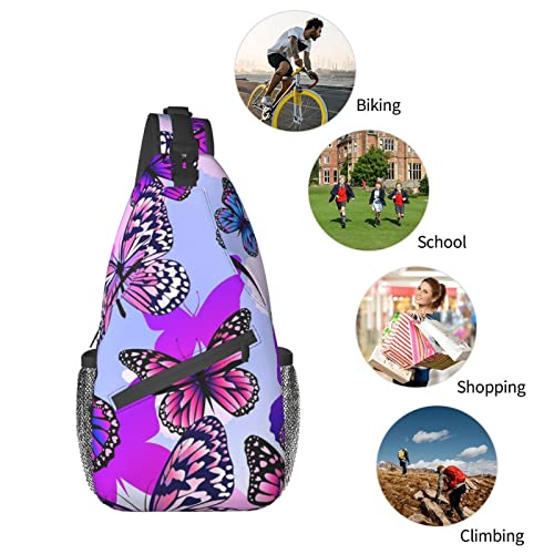 DOHOOC Purple Butterflies Sling Backpack for Women Crossbody with Zipper Pocket Rope Bags for Climbing Casual Daypack Bag Hiking Travel Sports Cycling Biking Outdoor