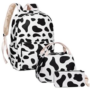 cow print school backpack for girls, kids teen school bags bookbags with lunch box and pencil case