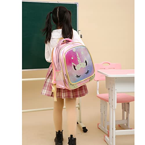 Moonmo Kids Backpack Girls School Backpack School Bag with Lunch Box Backpack for Girls for Elementary Preschool Bookbag (Pink Unicorn)