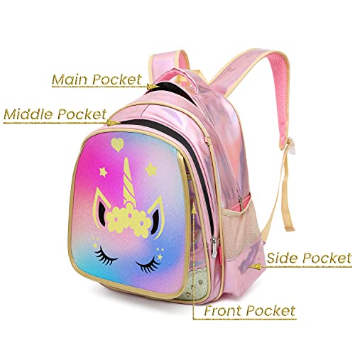 Moonmo Kids Backpack Girls School Backpack School Bag with Lunch Box Backpack for Girls for Elementary Preschool Bookbag (Pink Unicorn)