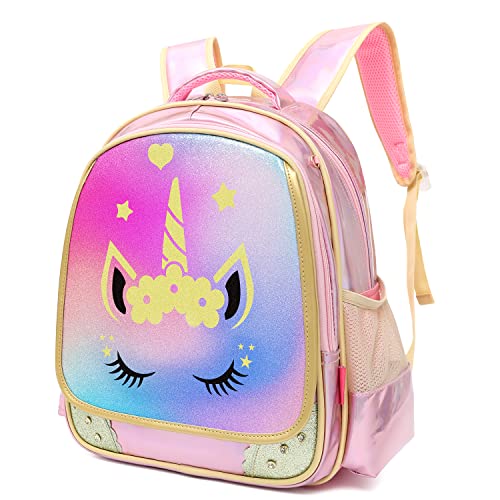 Moonmo Kids Backpack Girls School Backpack School Bag with Lunch Box Backpack for Girls for Elementary Preschool Bookbag (Pink Unicorn)