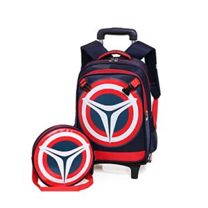 fengjinruhua boy girl lightweight kid’s school schoolbag shield superhero detachable two in one tie rod rolling backpack with six wheels navy