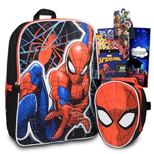 marvel shop spiderman backpack with lunch box for boys ~ 5 pc bundle with 16 inch spiderman school bag for kids, spiderman lunch bag, stickers, and more | spiderman school supplies
