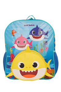 ai accessory innovations baby shark 14″ boys & girls backpack, school travel bag for toddler, features die cut baby shark front pocket, 2 side mesh pockets, and adjustable padded straps