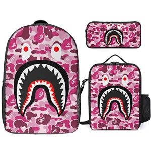 shark face camo pink backpack ba&p_e 3 piece set with lunch box pencil case laptop daypack bookbag for school travel