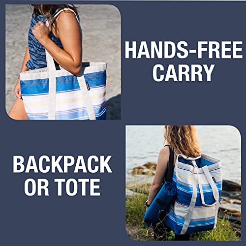 CleverMade Backpack Beach Tote with Mesh Bottom- Large Bag Great for Beach Days and Weekend Trips; Comfortable Carry Straps and Backpack Straps for Dual Carry Options, Blue/Cream