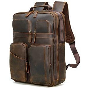 compalo full grain leather backpack for men, 17.3 inch travel laptop backpack multi pockets daypack rucksack with ykk zippers