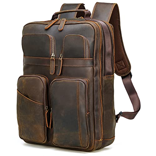 compalo Full Grain Leather Backpack for Men, 17.3 Inch Travel Laptop Backpack Multi Pockets DayPack Rucksack With YKK Zippers