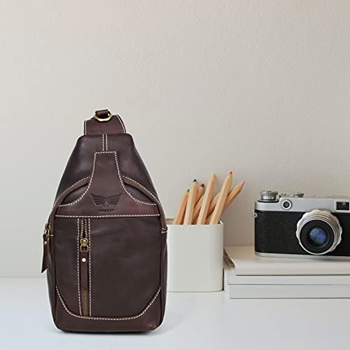Dimarcy Leather Cross-body Sling Bag Casual Daypack Backpack Chest Shoulder Multi-Purpose Timeless Design Small Unisex (Dark Brown)