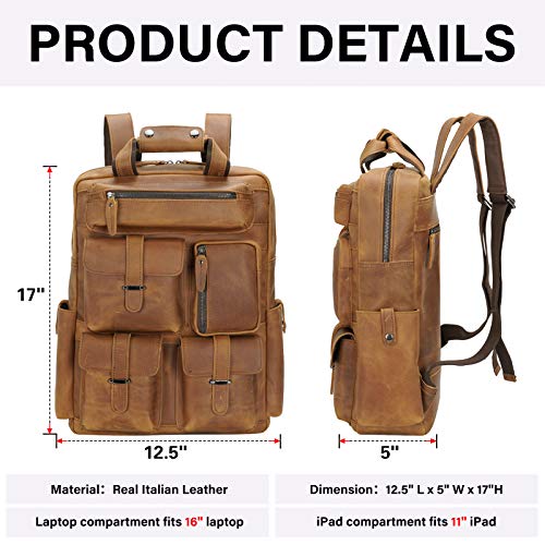 Full Grain Cowhide Leather Multi Pockets 16 Inch Laptop Backpack Travel Bag with YKK Zippers