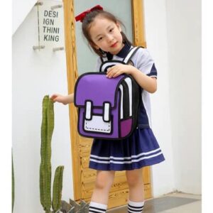 Kawaii Backpack Cartoon 3D Jump Style 2D Drawing from Comic Paper Anime Bookbag School Supplies Cute Fun Daypack (Purple)