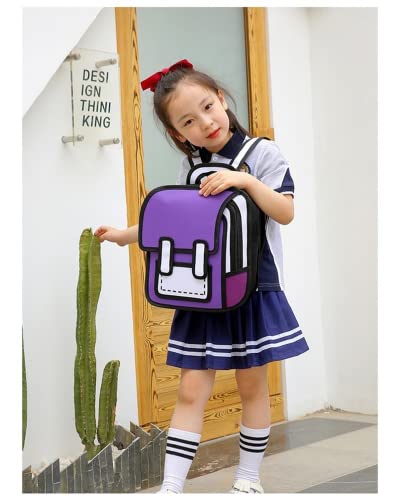 Kawaii Backpack Cartoon 3D Jump Style 2D Drawing from Comic Paper Anime Bookbag School Supplies Cute Fun Daypack (Purple)