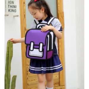 Kawaii Backpack Cartoon 3D Jump Style 2D Drawing from Comic Paper Anime Bookbag School Supplies Cute Fun Daypack (Purple)