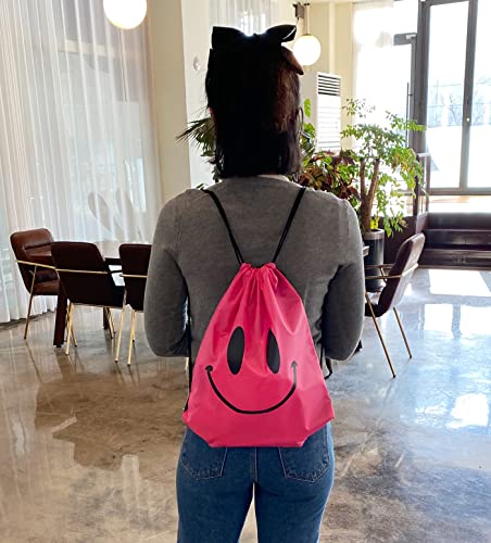 holawit Cute Positive Smile Happy Face Fun Design Drawstring Sack Gym String Bag Sports Backpack Lightweight Daily Sackpack - Pink