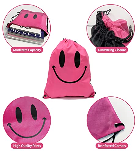 holawit Cute Positive Smile Happy Face Fun Design Drawstring Sack Gym String Bag Sports Backpack Lightweight Daily Sackpack - Pink