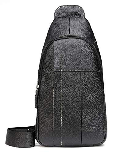 Genuine Leather Shoulder Backpack For Men Women Sling Crossbody Bag For Travel Crossbody Backpack with Charging Port - Black