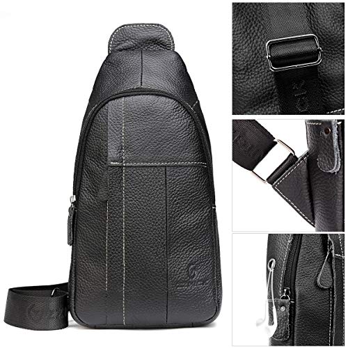 Genuine Leather Shoulder Backpack For Men Women Sling Crossbody Bag For Travel Crossbody Backpack with Charging Port - Black