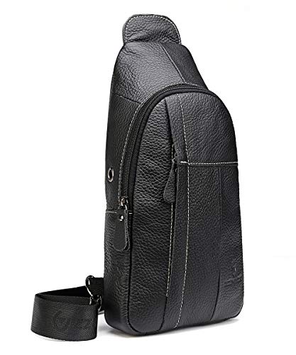 Genuine Leather Shoulder Backpack For Men Women Sling Crossbody Bag For Travel Crossbody Backpack with Charging Port - Black