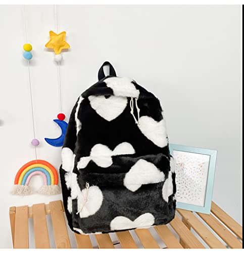 Plush Backpack Y2K Black Love Hearts Kawaii Love Heart Backpack Cute Aesthetic Backpack for School Teen Girls (Black)