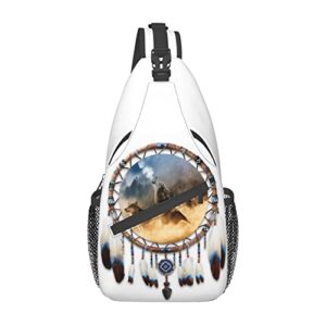 white wolf mountain dream catchers sling bag crossbody bags for men women, stylish funny cool chest bag backpack casual shoulder bags travel hiking cycling gym sport lightweight daypack, small