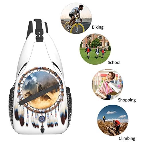 White Wolf Mountain Dream Catchers Sling Bag Crossbody Bags for Men Women, Stylish Funny Cool Chest Bag Backpack Casual Shoulder Bags Travel Hiking Cycling Gym Sport Lightweight Daypack, Small