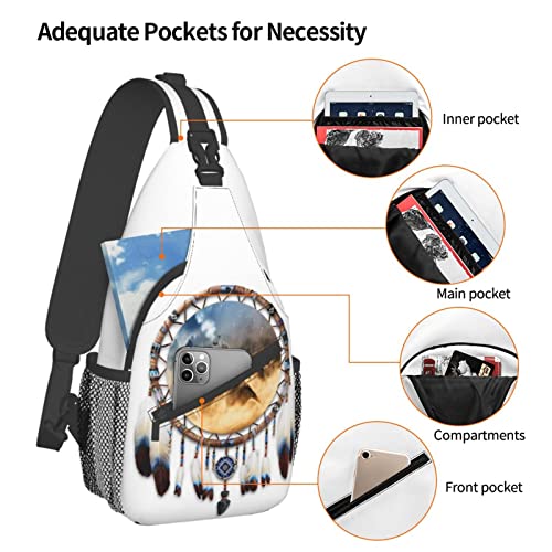 White Wolf Mountain Dream Catchers Sling Bag Crossbody Bags for Men Women, Stylish Funny Cool Chest Bag Backpack Casual Shoulder Bags Travel Hiking Cycling Gym Sport Lightweight Daypack, Small