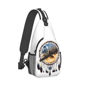 White Wolf Mountain Dream Catchers Sling Bag Crossbody Bags for Men Women, Stylish Funny Cool Chest Bag Backpack Casual Shoulder Bags Travel Hiking Cycling Gym Sport Lightweight Daypack, Small