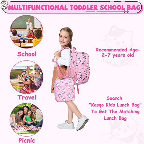 Toddler Backpack for Girls, Kasqo 13.5 Inch Lightweight Waterproof Kids Bookbag Preschool Kindergarten Schoolbag for little Girls 3-6 Years Old, Pink Cat