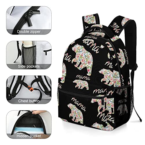 Floral Mama Bear Backpack Bookbag Cute Funny Printed Graphic for Book Study Travel