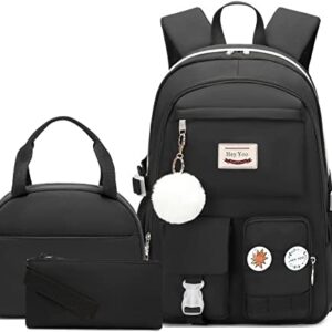 Hey Yoo School Backpack for Girls Backpack with Lunch Box Teen Girl Backpack Set Cute School Bag Bookbag for Teen Girls (Black)