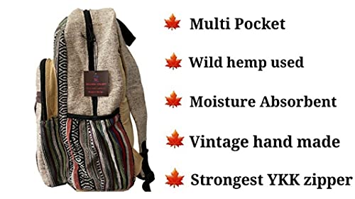 Zillion Craft Large Natural Hemp Back Pack for Men Women. Multi Color Hemp Fiber Multi Pocket Hand Made Bag. Unisex Design