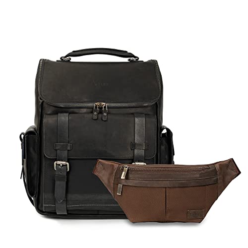 VELEZ Top Grain Leather Black Matte Backpack + Brown Fanny Pack for Men