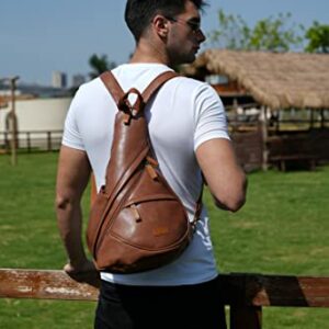 Baosha Leather Sling Bag Small Crossbody Backpack Casual Daypack Outdoor Cycling Hiking Backpack XB-10 (Brown)