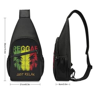 Relax Reggae Music Palm Trees On Black Chest Crossbody Bag, Lightweight Unisex Backpack Shoulder Bag, Casual Adjustable Sling Daypack for Outdoor Cycling Hiking Travel