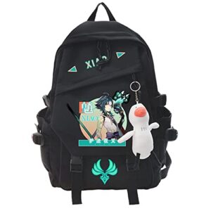 genshin impact xiao cosplay backpack anime backpacks for teens adult (16 inch with cute doll of duck)
