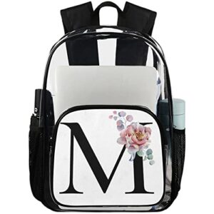 heavy duty clear backpack stadium approved, alphabet monogram floral m letter pvc transparent backpack see through large bookbag for work school travel college