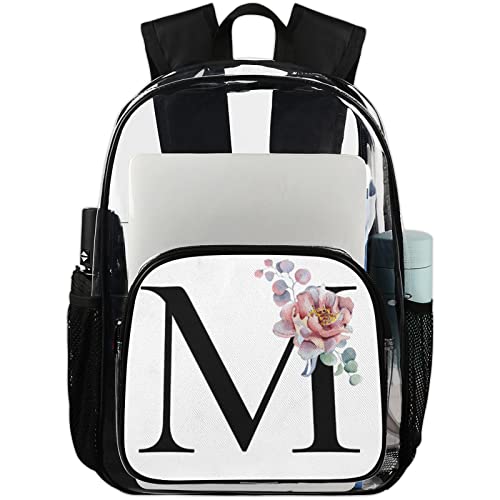 Heavy Duty Clear Backpack Stadium Approved, Alphabet Monogram Floral M Letter PVC Transparent Backpack See Through Large Bookbag for Work School Travel College