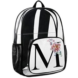 Heavy Duty Clear Backpack Stadium Approved, Alphabet Monogram Floral M Letter PVC Transparent Backpack See Through Large Bookbag for Work School Travel College